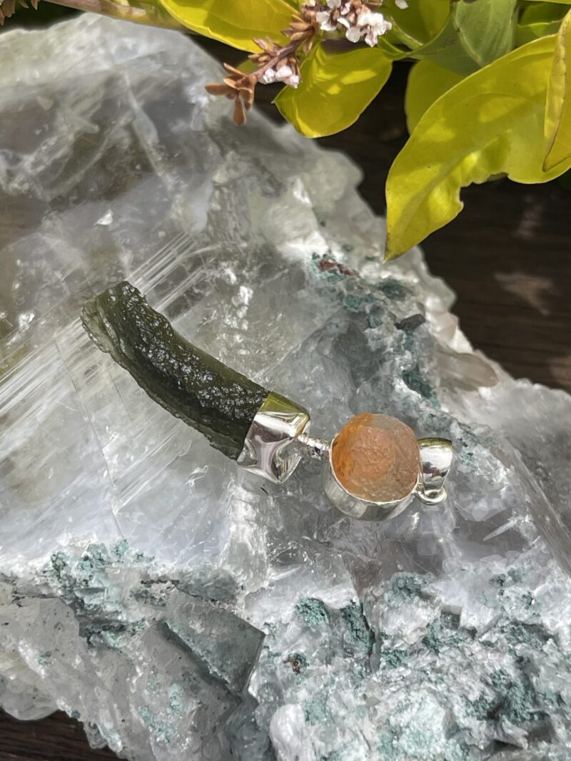 this is Moldavite Fire Opal Pendant in Silver MO524 Ignite Transformation: Moldavite and Fire Opal Pendant in Silver