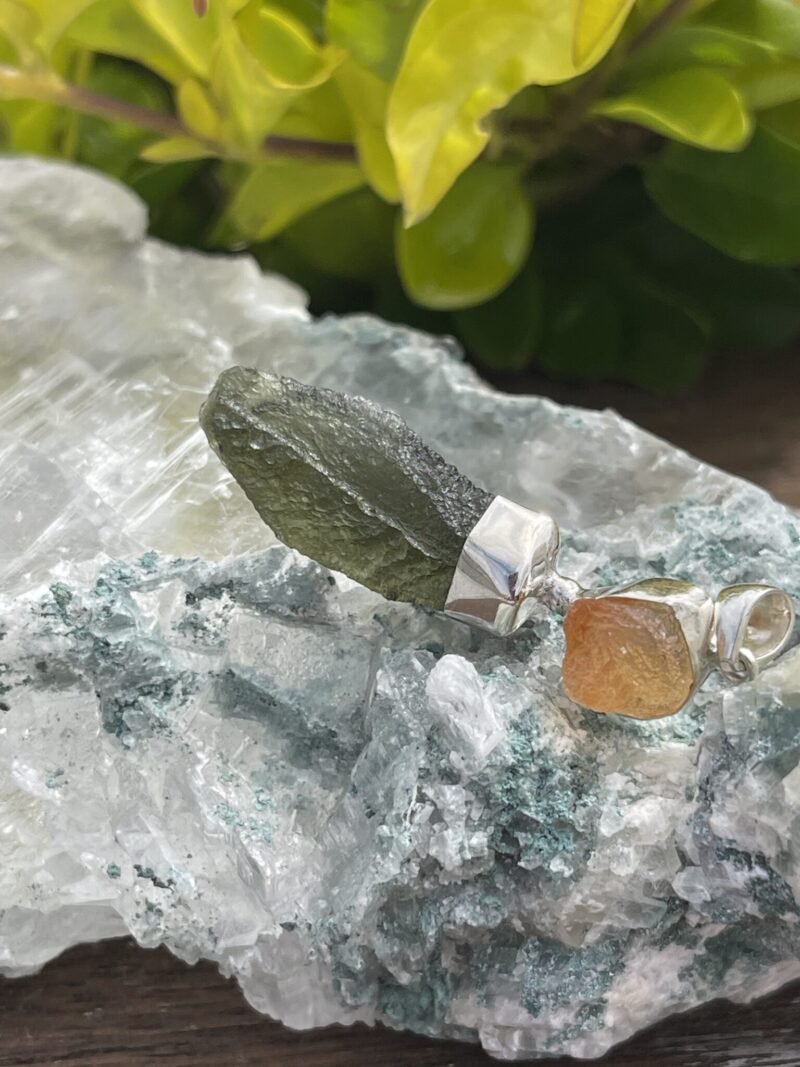 this is Moldavite Fire Opal Pendant in Silver MO524 Ignite Transformation: Moldavite and Fire Opal Pendant in Silver