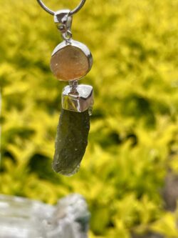 this is Moldavite Fire Opal Pendant in Silver MO524 Ignite Transformation: Moldavite and Fire Opal Pendant in Silver