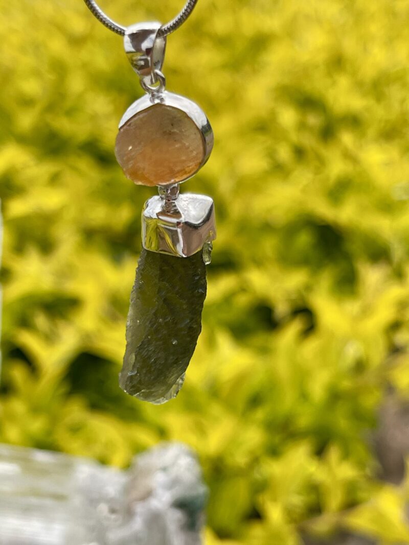 this is Moldavite Fire Opal Pendant in Silver MO524 Ignite Transformation: Moldavite and Fire Opal Pendant in Silver