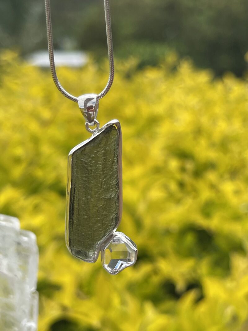 This is Moldavite Herkimer Diamond Pendant in Silver MH519 Stellar Brilliance: Moldavite and Herkimer Diamond Pendant in Silver