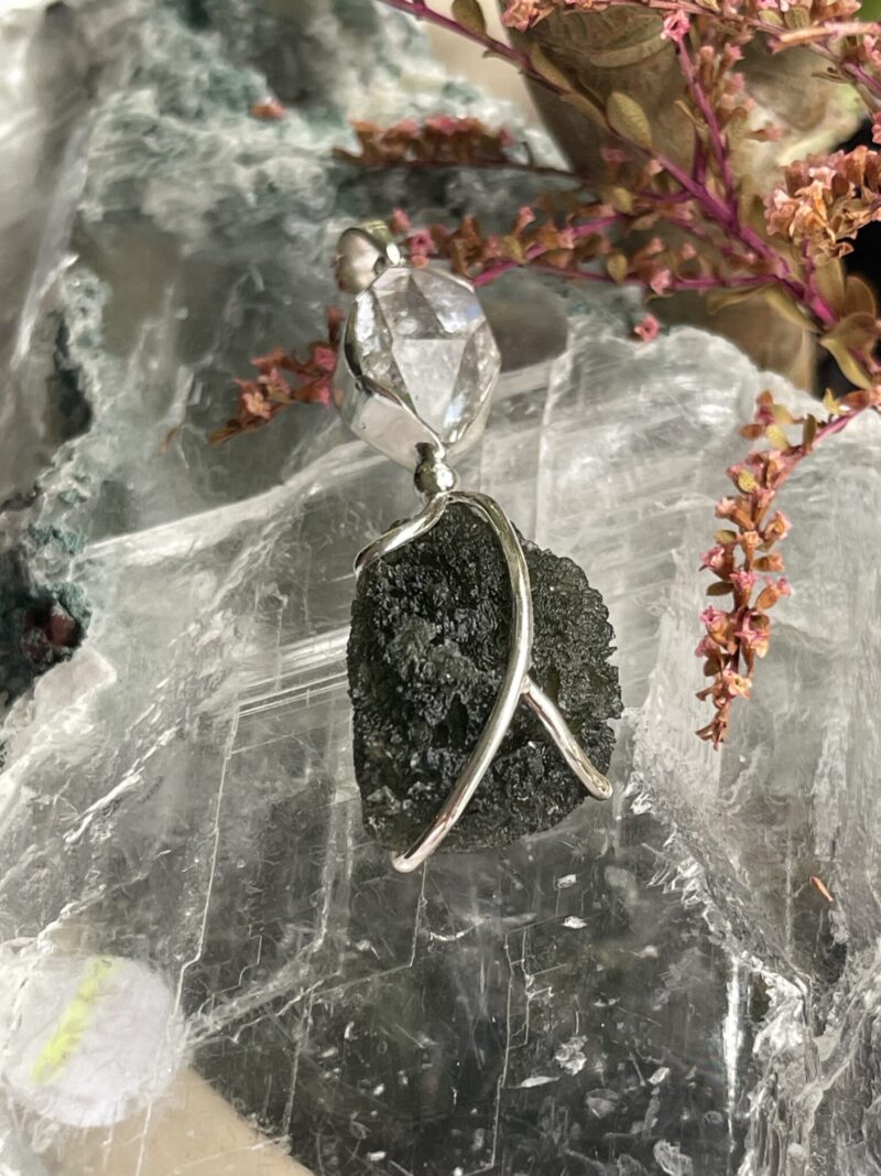 This is Celestial Fusion: Moldavite Herkimer Diamond Pendant  M546