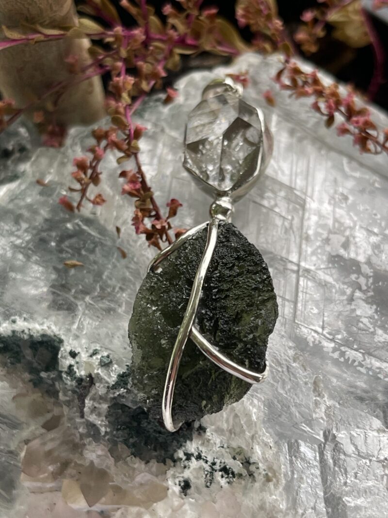 This is Celestial Fusion: Moldavite Herkimer Diamond Pendant  M546