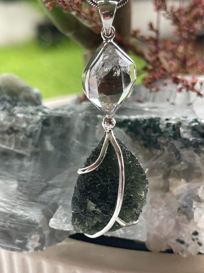 This is Celestial Fusion: Moldavite Herkimer Diamond Pendant  M546