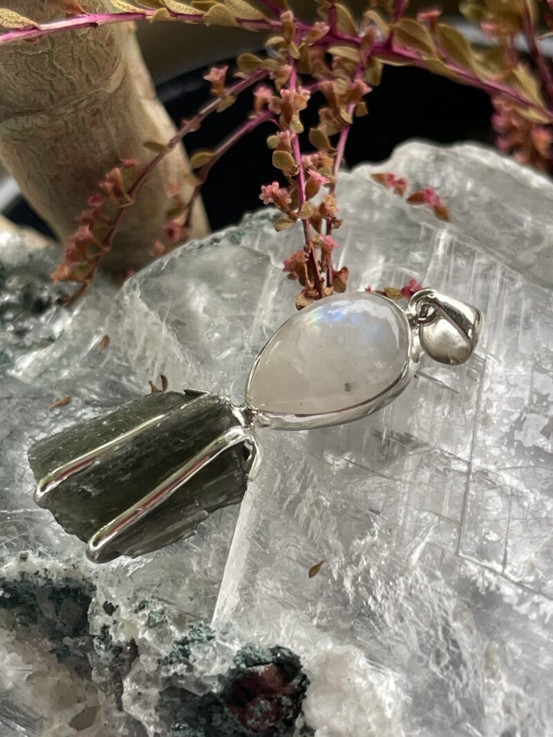 This is Lunar Glow: Moldavite Rainbow Moonstone Pendant in Silver M557