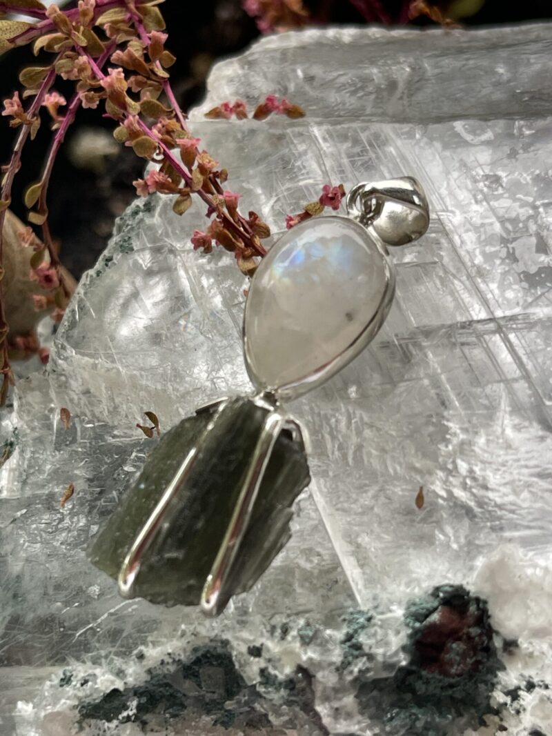 This is Lunar Glow: Moldavite Rainbow Moonstone Pendant in Silver M557