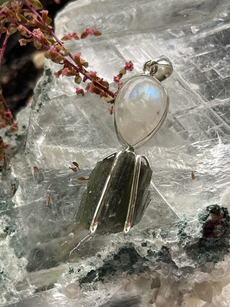 This is Lunar Glow: Moldavite Rainbow Moonstone Pendant in Silver M557