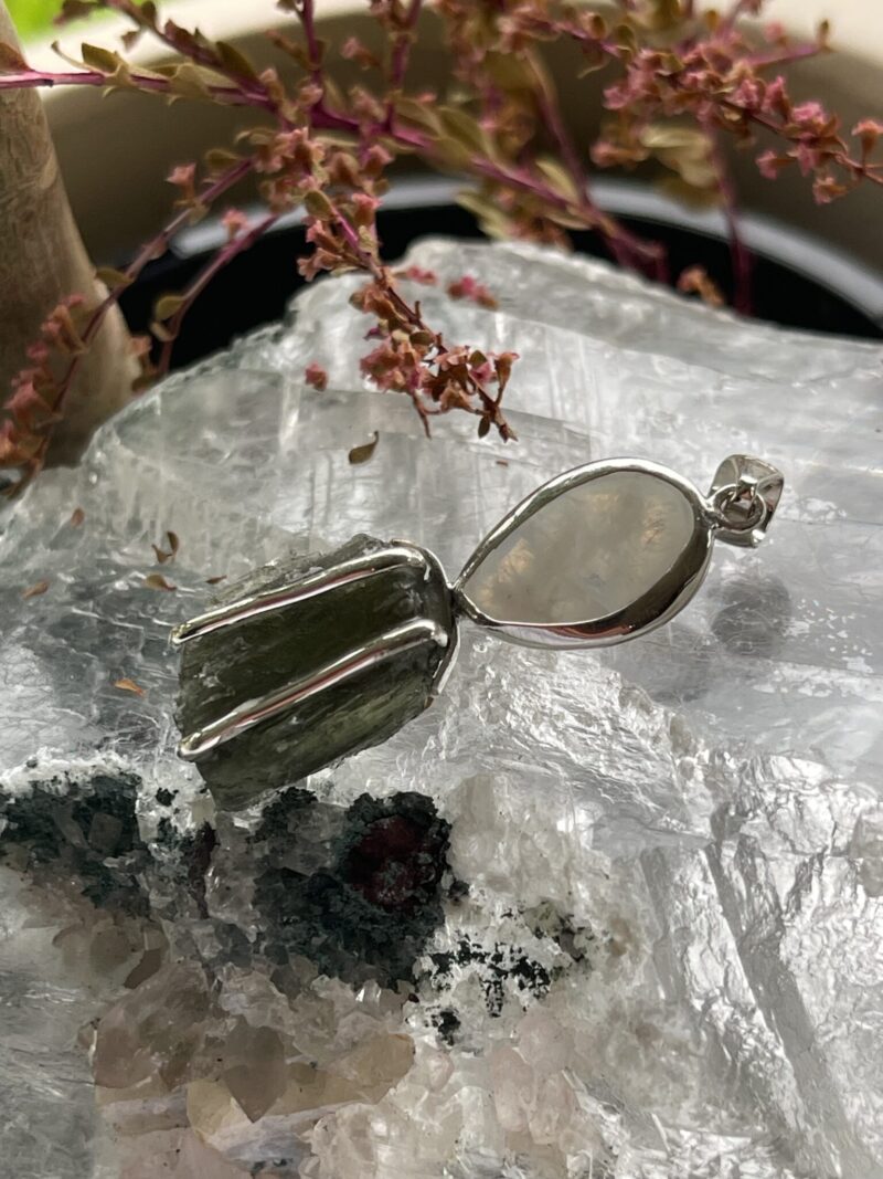 This is Lunar Glow: Moldavite Rainbow Moonstone Pendant in Silver M557