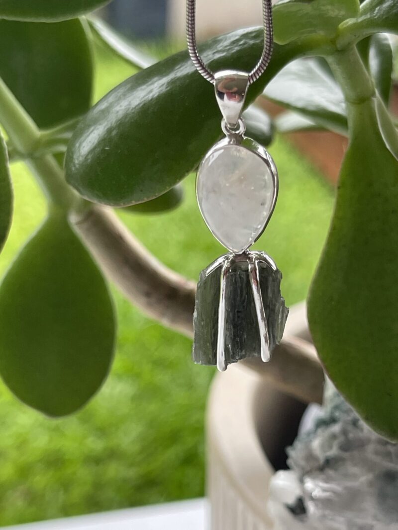 This is Lunar Glow: Moldavite Rainbow Moonstone Pendant in Silver M557