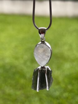 This is Lunar Glow: Moldavite Rainbow Moonstone Pendant in Silver M557