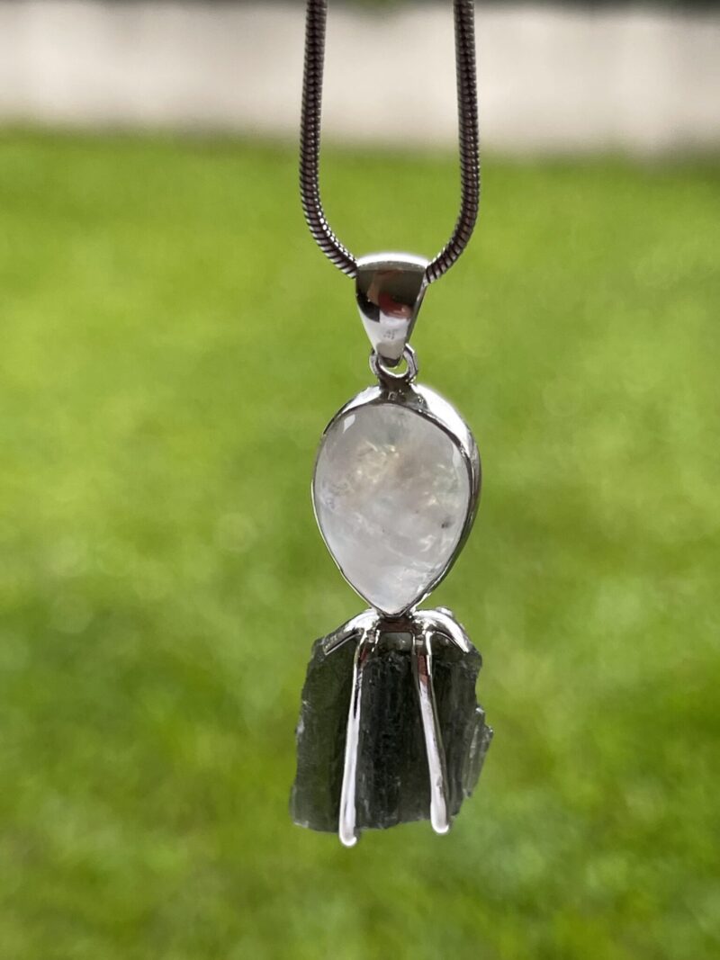 This is Lunar Glow: Moldavite Rainbow Moonstone Pendant in Silver M557