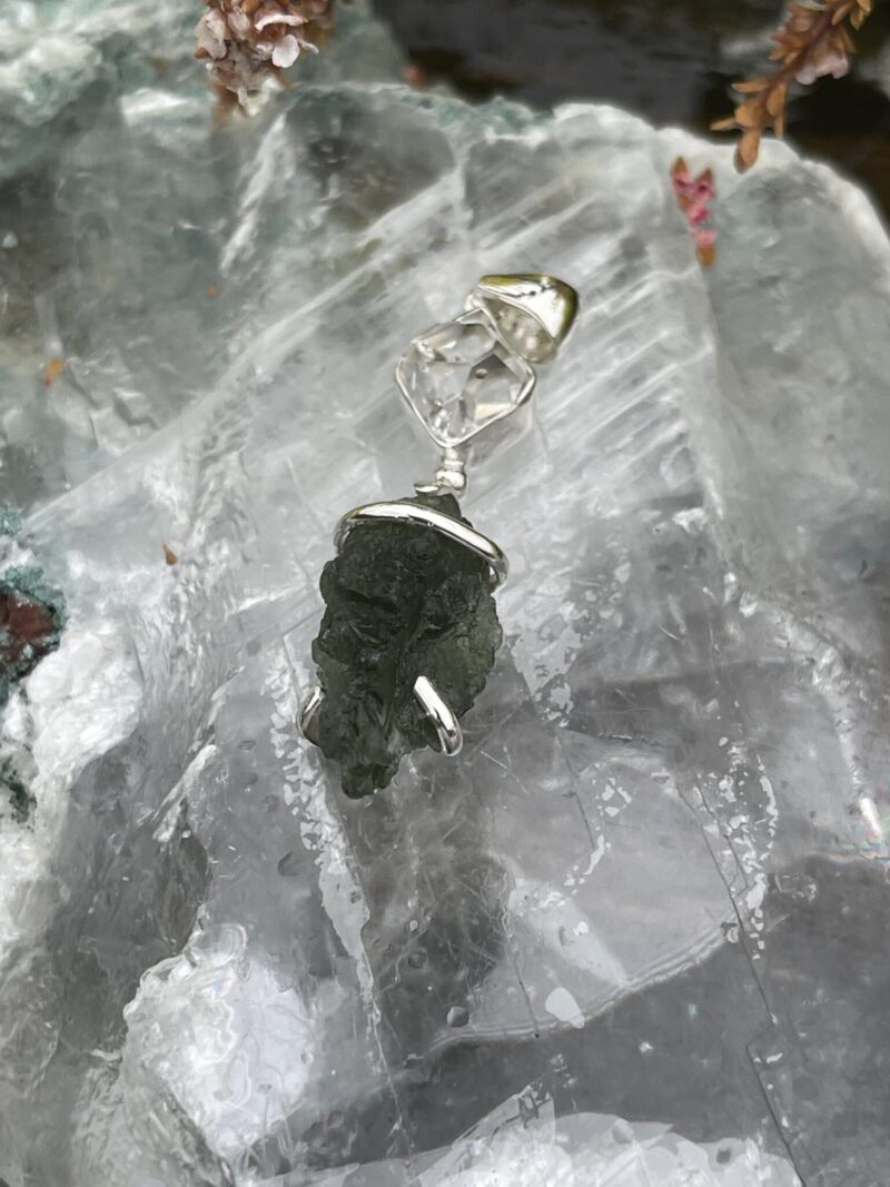 This is Awakened Light: Moldavite Herkimer Diamond Pendant in Silver M526