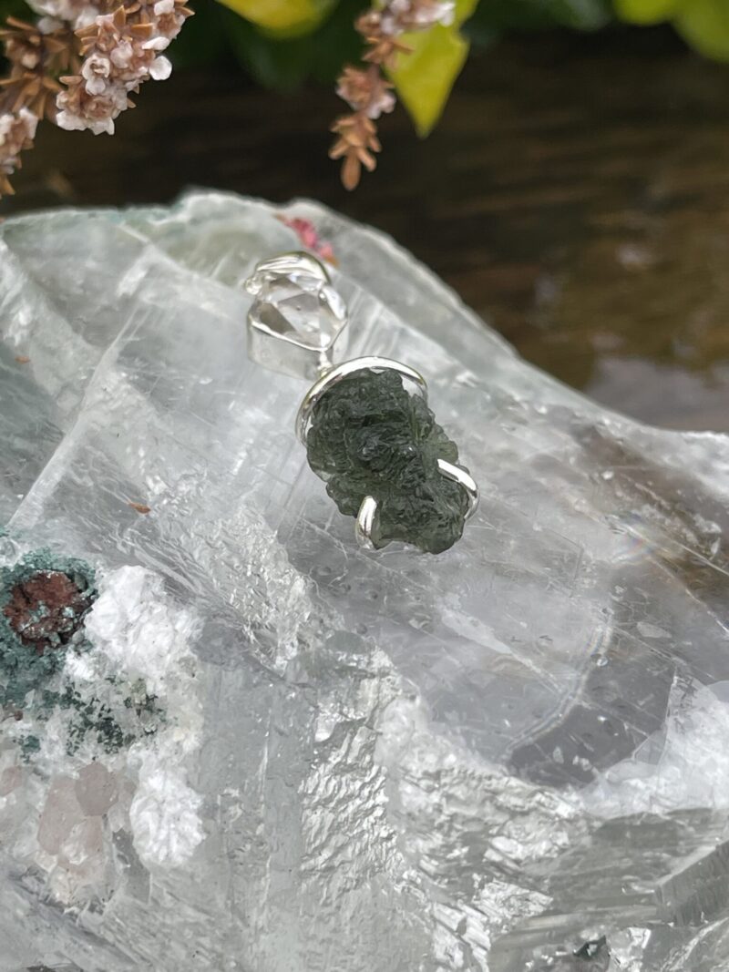 This is Awakened Light: Moldavite Herkimer Diamond Pendant in Silver M526