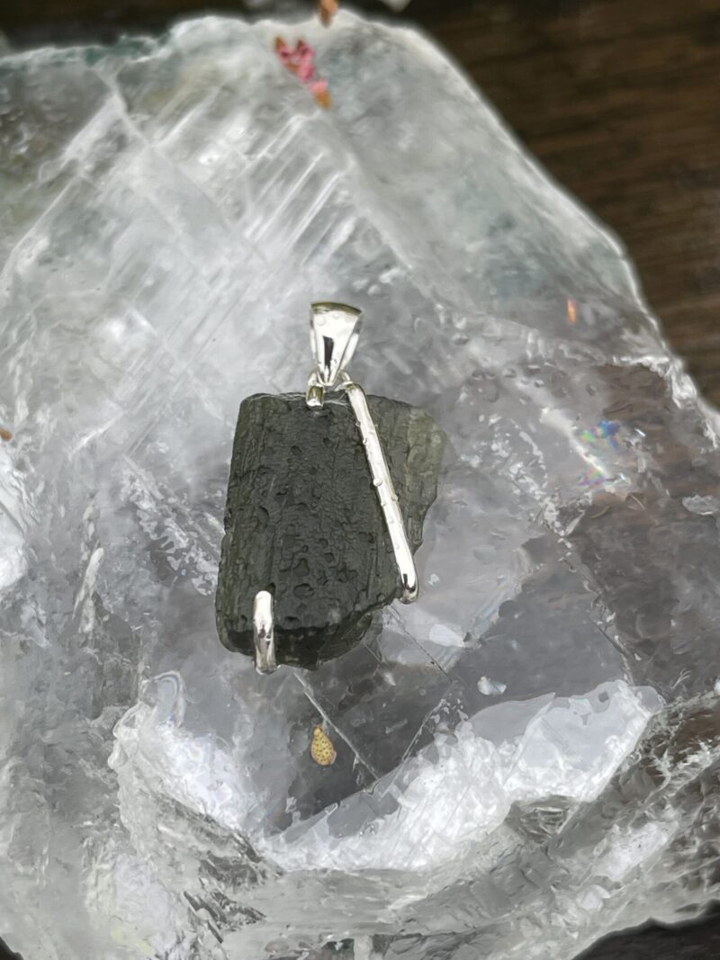 This is Emerald Essence: Moldavite Pendant in Silver M534