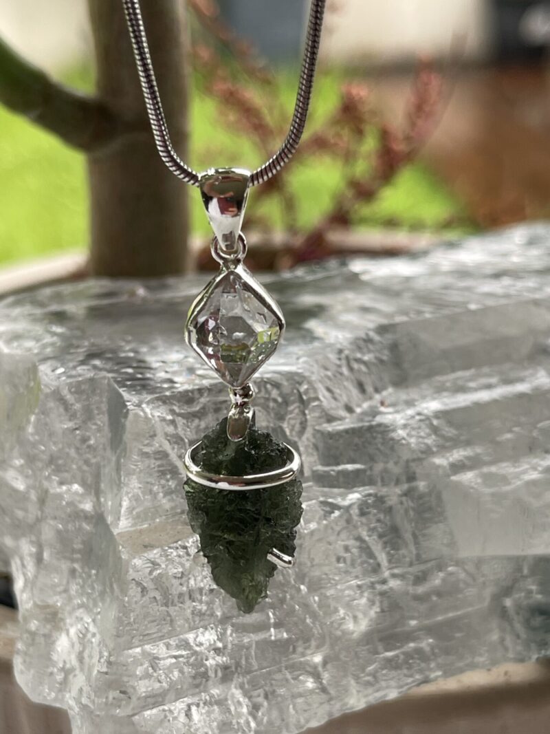 This is Awakened Light: Moldavite Herkimer Diamond Pendant in Silver M526