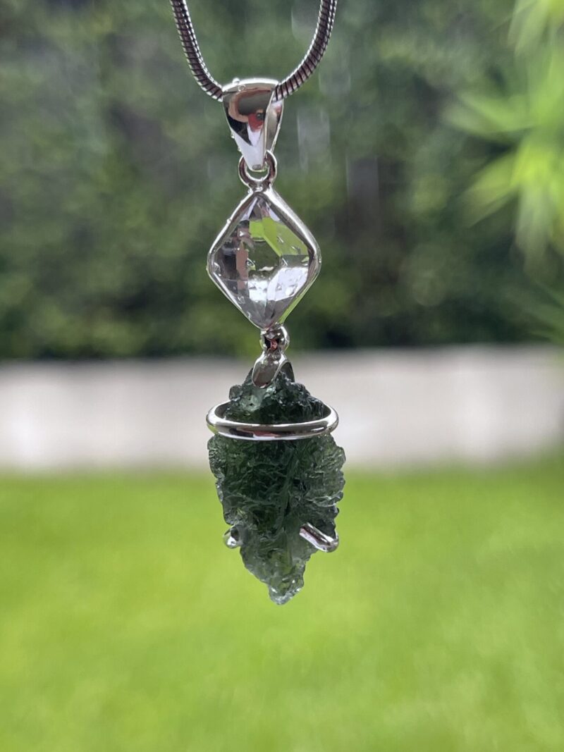 This is Awakened Light: Moldavite Herkimer Diamond Pendant in Silver M526