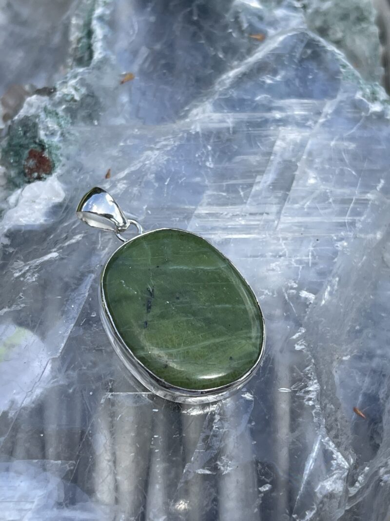 Round Green Jade Pendant in Silver