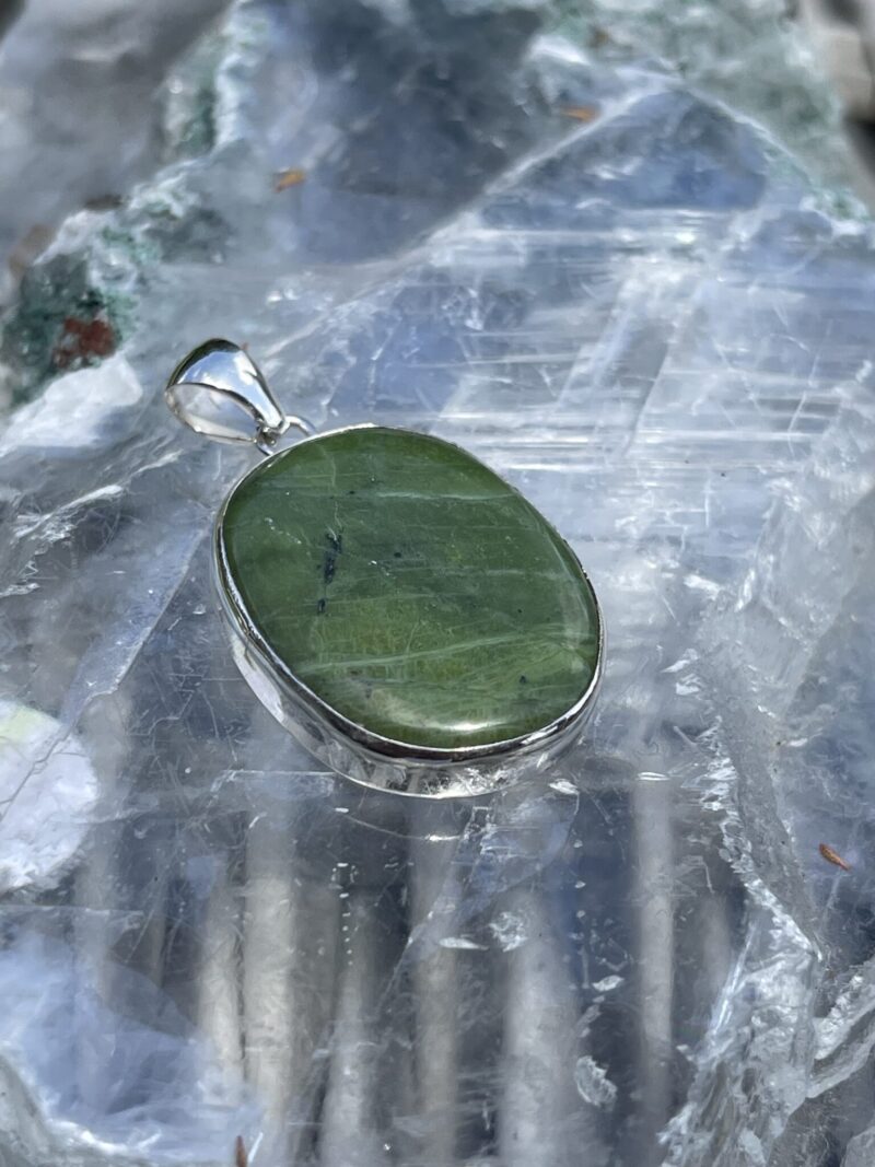 Round Green Jade Pendant in Silver