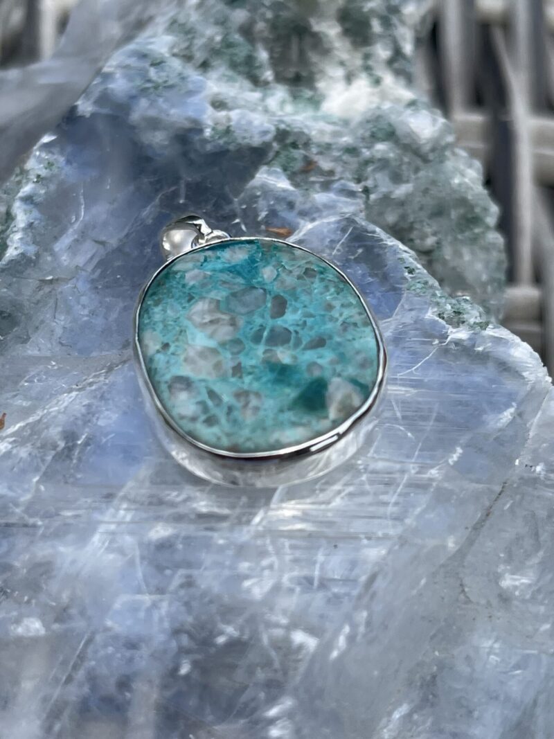 Round Chrysocolla in Quartz Pendant in Silver