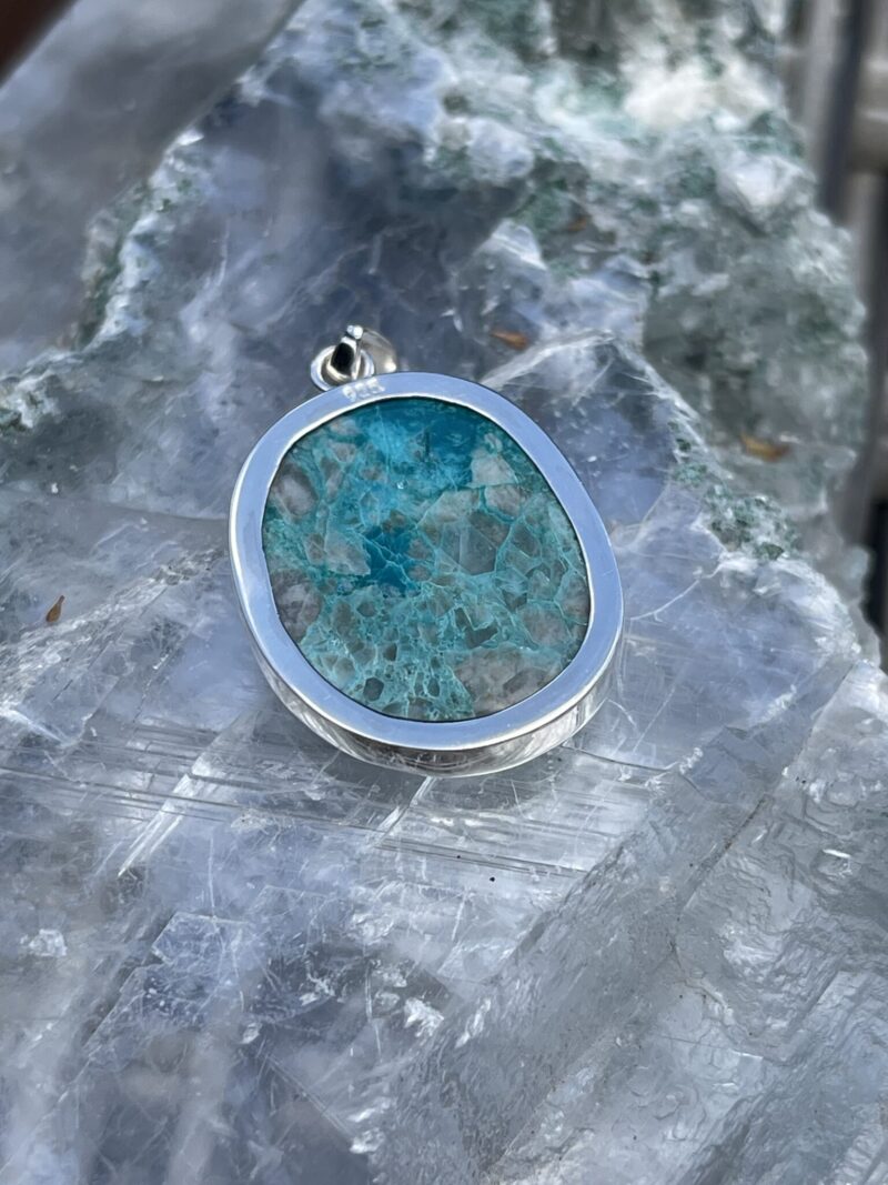 Round Chrysocolla in Quartz Pendant in Silver