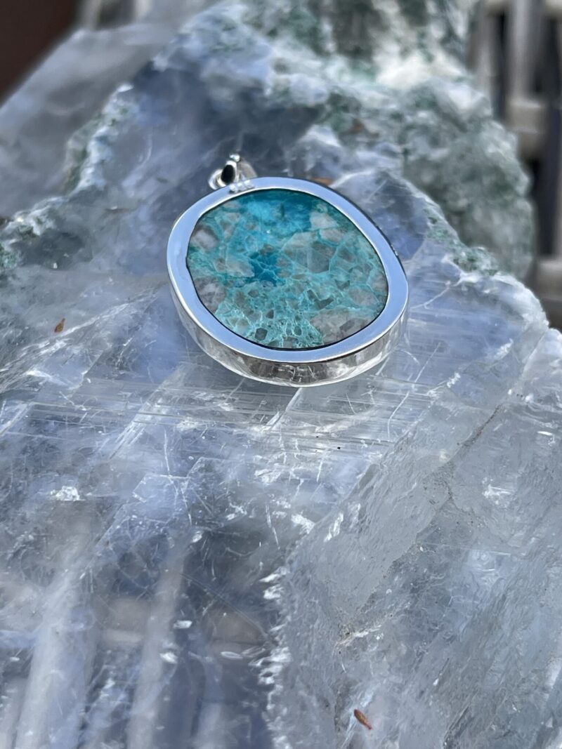 Round Chrysocolla in Quartz Pendant in Silver