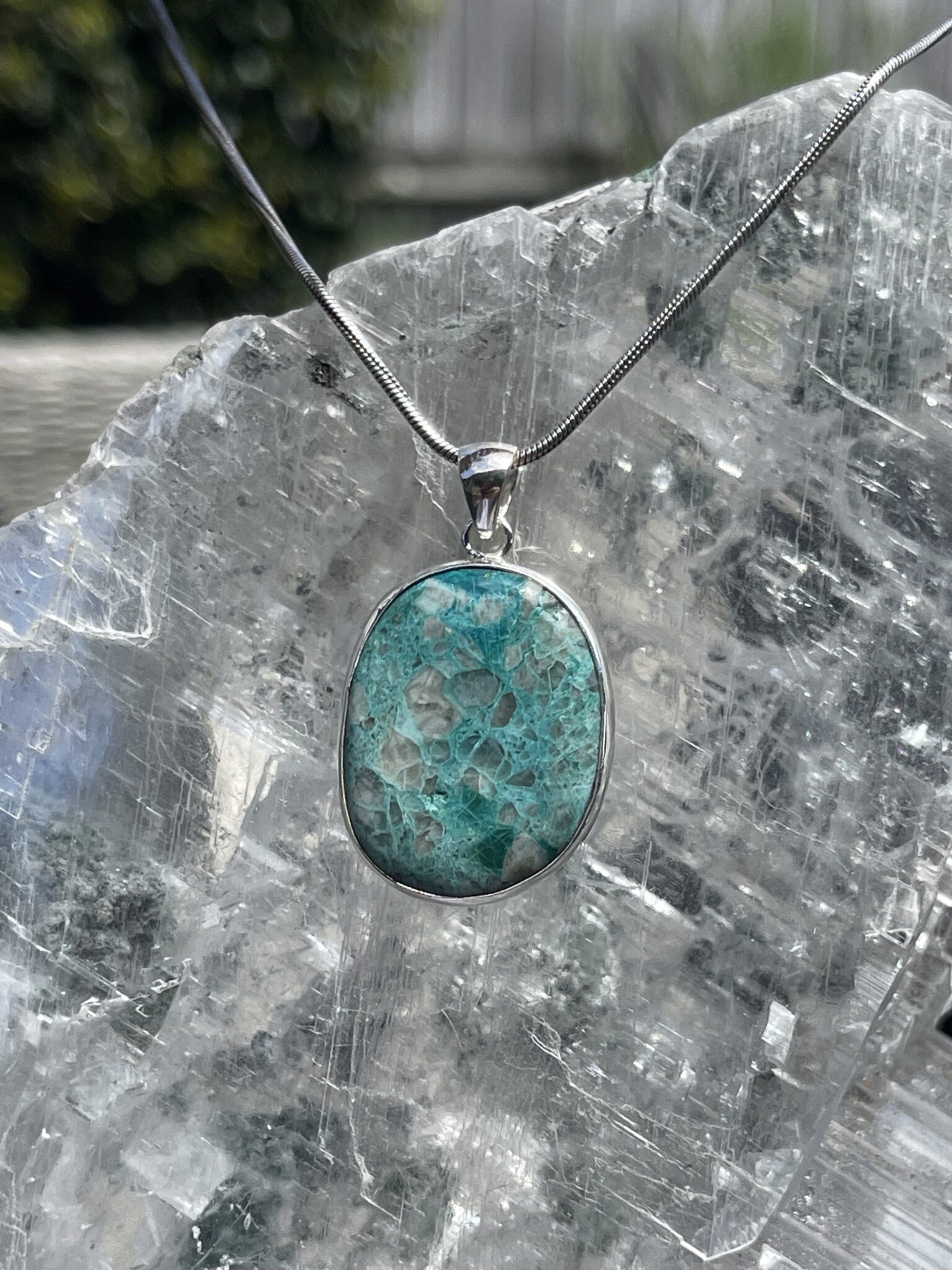 Round Chrysocolla in Quartz Pendant in Silver