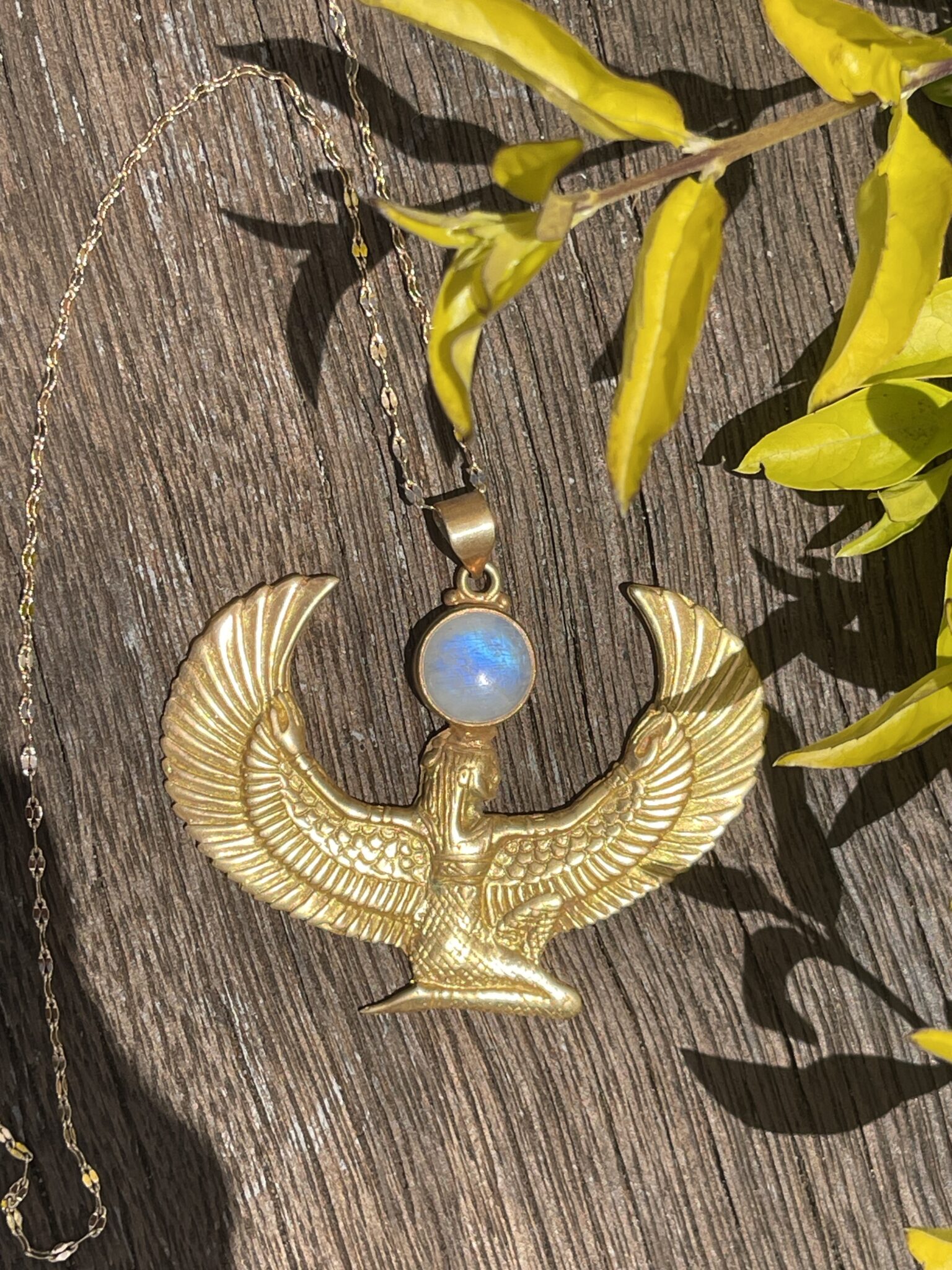 Isis Brass Necklace with Rainbow Moonstone – A Symbol of Divine Feminine Power