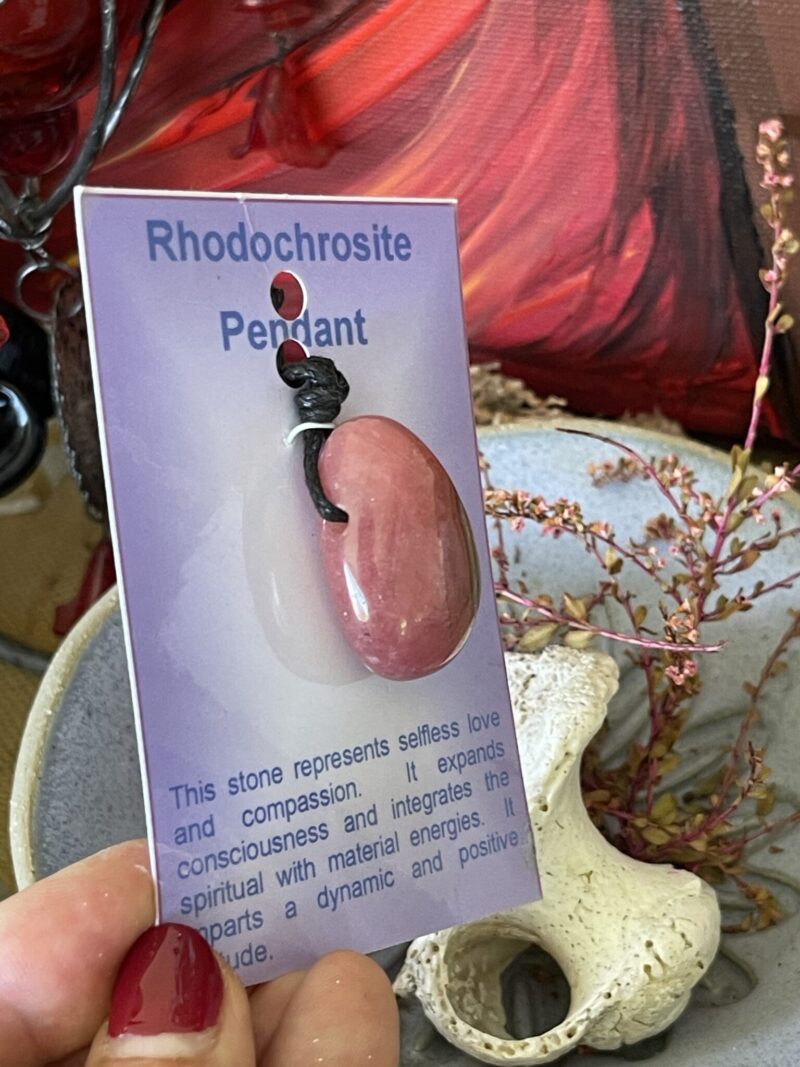 Rhodochrosite Pendant on Cord – A Heartfelt Connection