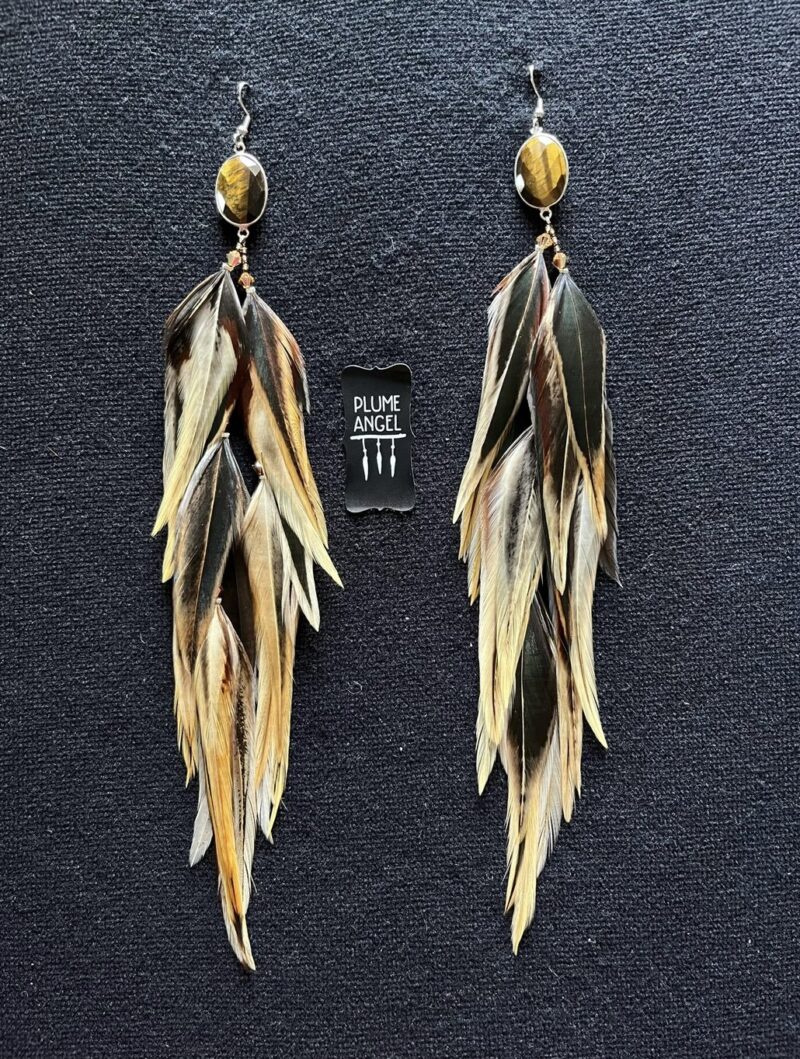 These are Tiger Eye Stunning Feather Earrings – A Perfect Blend of Elegance and Grounding Energy