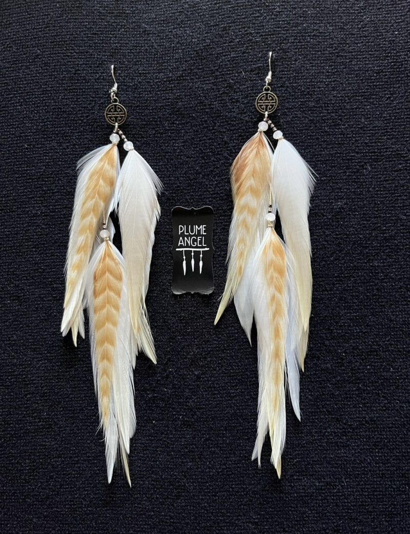 These are Lucky Coin Cream Feather Earrings – Timeless Elegance with a Touch of Luck