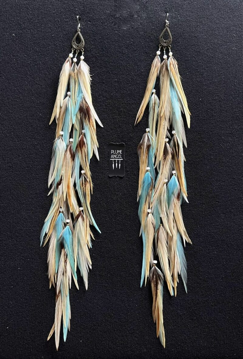 These are Blond Turquoise and Natural Feather Earrings – Flowing Elegance and Natural Charm