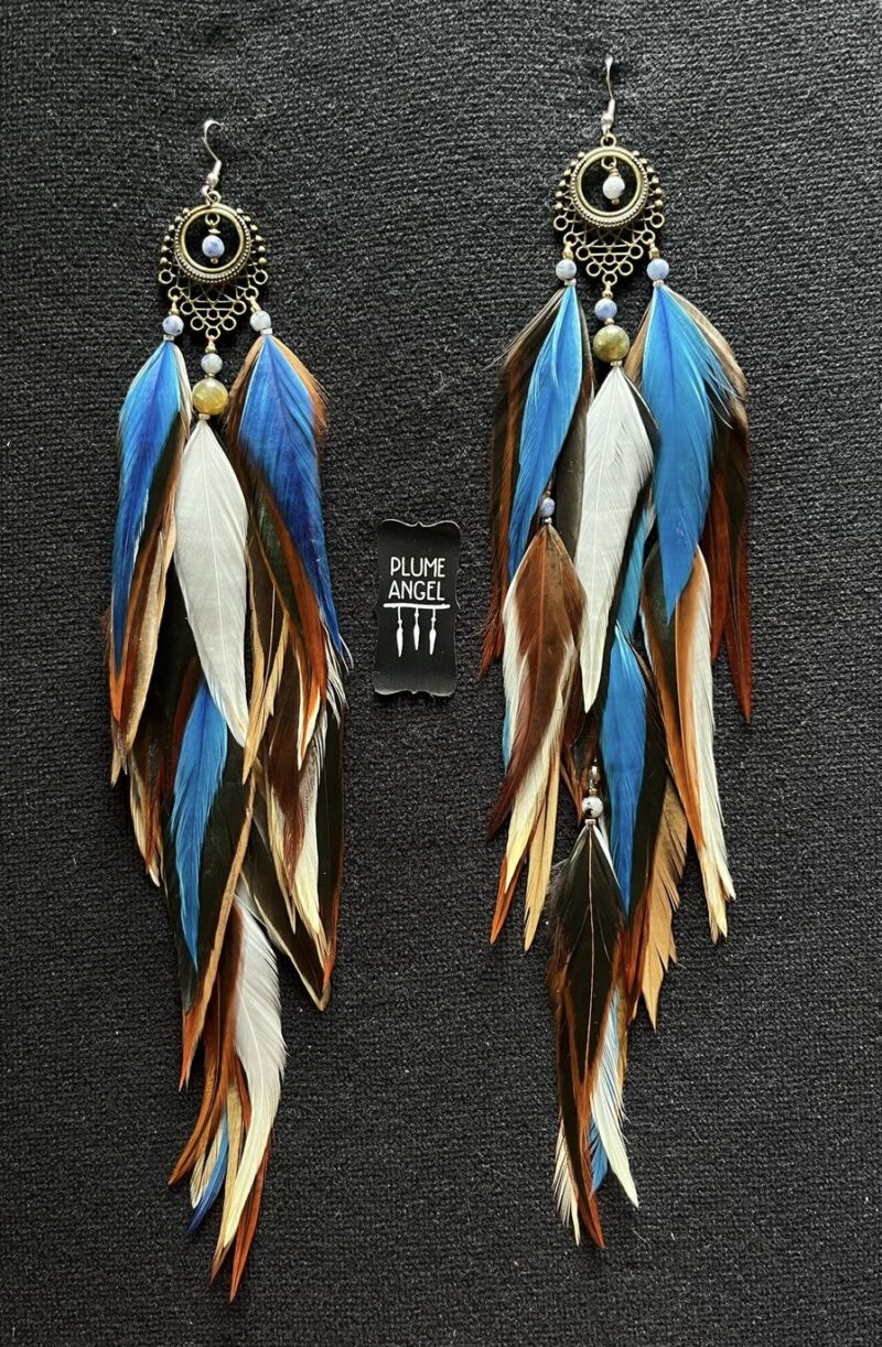 these are Stunning Queen Blue Feather Earrings – Regal Elegance with a Bohemian Flair