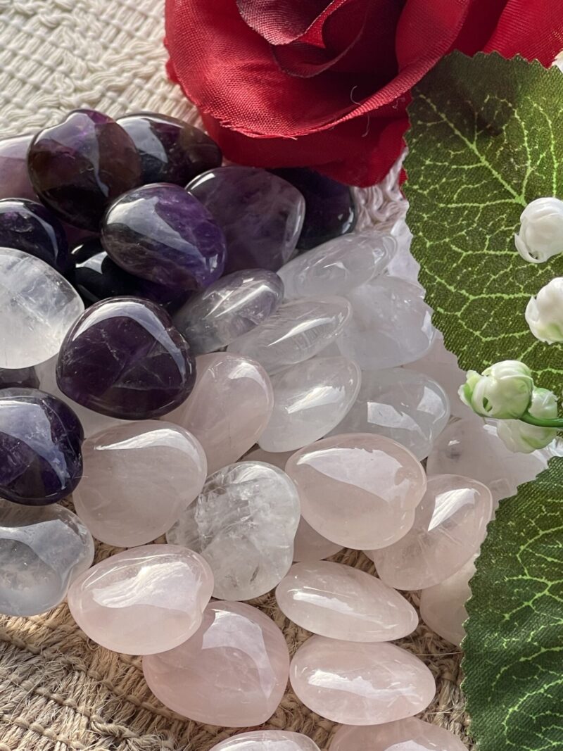  Amethyst Rose Quartz and Clear Quartz Heart Sets