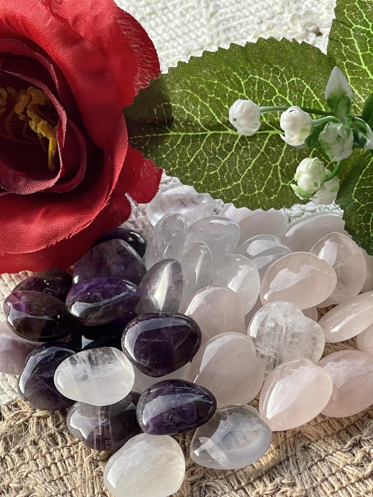  Amethyst Rose Quartz and Clear Quartz Heart Sets